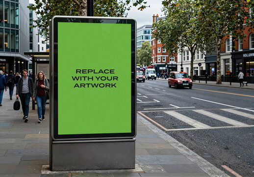 Vertical billboard mockup with placeholder screen displayed on a city sidewalk, urban street scene pedestrians, red taxi cabs, and modern buildings, Template