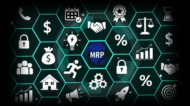 Dynamic mrp requirements planning concept with futuristic digital hexagon interface, business global supply chain management, manufacturing strategy, and industrial optimization data