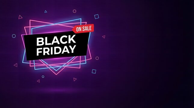 Black friday sale banner with neon geometric shapes and glowing lines on a dark purple background, modern promotional design for shopping events and discounts