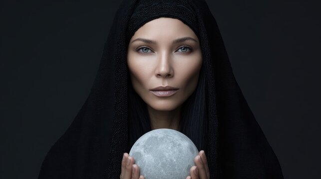 Mysterious Woman Holding Moon Illusion in Dark Environment with Black Veil and Intense Stare Capturing Ethereal Ambiance