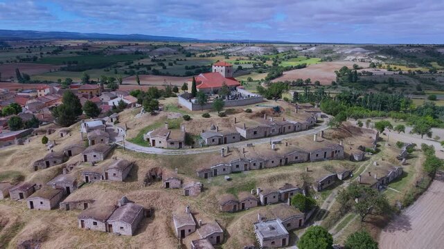 Aerial view from a drone of the wine cellar district of Moradillo de Roa in the Ribera del Duero region. Burgos. Castile and Le&oacute;n. Spain. Europe
