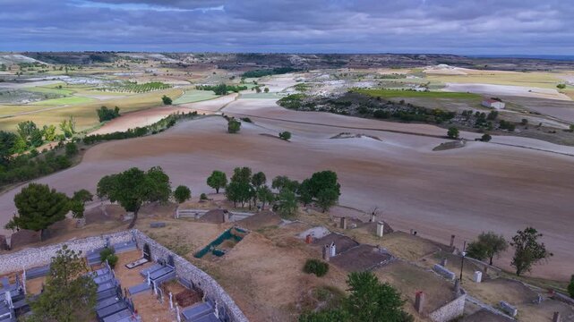 Aerial view from a drone of the wine cellar district of Moradillo de Roa in the Ribera del Duero region. Burgos. Castile and Le&oacute;n. Spain. Europe