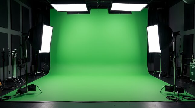 Professional film studio setup with a green screen backdrop and bright studio lighting equipment for video production