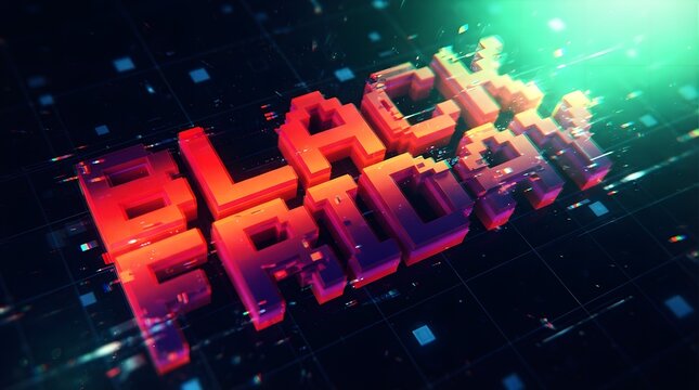 Black friday text with a 3d digital pixelated glitch effect, vibrant red and orange typography on a dark tech background with glowing light particles