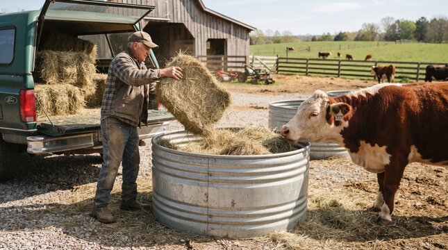 livestock care in summer. farmer feeding livestock. Farmer feeding cows. feeding cows with fresh hay. &nbsp;traditional dairy farm. cows eating in barn. Hardworking farmer.  Free range cows. 