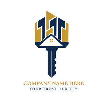 A professional real estate logo design featuring a creative combination of a house roof shape and a skeleton key concept rendered in elegant gold and dark blue colors