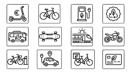 Obraz premium Eco Transport Icons: Electric Scooter, Bike, Car, Train, Bus, Motorcycle, Skateboard