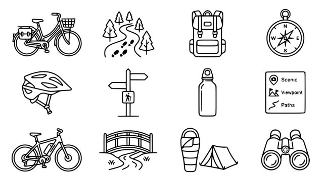 Outdoor Adventure Icons: Bicycle, Hiking, Camping, Navigation, Backpack