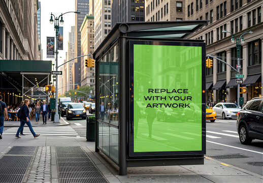 Vertical bus stop advertisement mockup with placeholder screen, urban street scene featuring pedestrians, vehicles, crosswalk, city buildings, glass shelter, and public transport signage