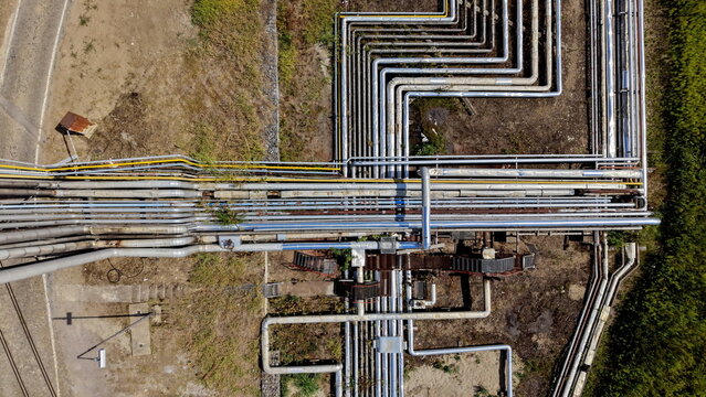 Aerial view of industrial pipelines and metal infrastructure at the petrochemicals industry facility in Pancevo, Serbia.