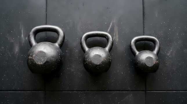 Three iron kettlebells of different sizes arranged in a row on a dark gym floor background