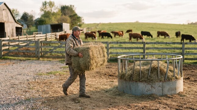 livestock care in summer. farmer feeding livestock. Farmer feeding cows. feeding cows with fresh hay. &nbsp;traditional dairy farm. cows eating in barn. Hardworking farmer.  Free range cows. 