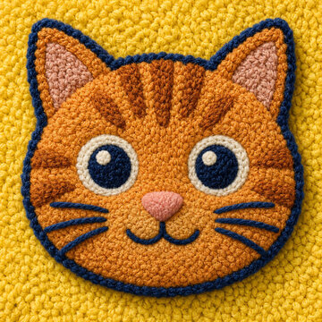 Close up of a tufted orange cat face on a yellow background. Handmade punch needle embroidery pet portrait. Textured yarn craft