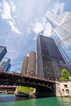Vibrant sunny view of Chicago downtown skyline under a blue sky