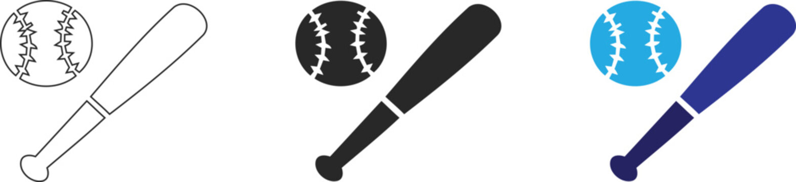 A collection of three distinct baseball equipment icon styles featuring a classic wooden bat and a stitched ball for sports graphic design and athletic branding projects