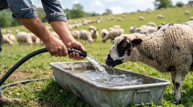 Authentic agricultural work. work with sheep flock. Manual labor on a sheep farm. livestock care in summer. Rural farm life. sheep on free range. eco farm. farm animals on pasture
