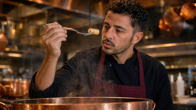 Chef checking whether rigatoni pasta is al dente in a restaurant kitchen