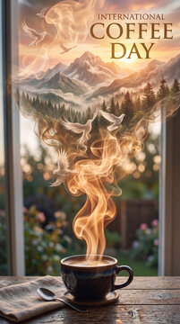 Imaginative scene where aromatic coffee steam transforms into birds, mountains, forests, and sunrise landscapes above a freshly brewed cup, surreal commercial concept for International Coffee Day