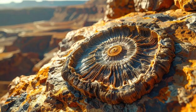 Ancient ammonite fossil embedded in desert canyon rock.