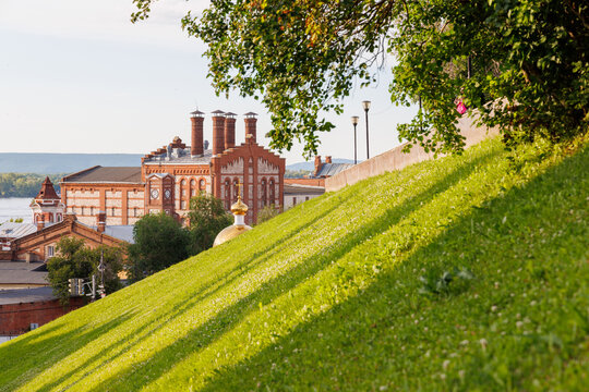 Zhiguli Brewery historic building on green hillside in Samara Russia