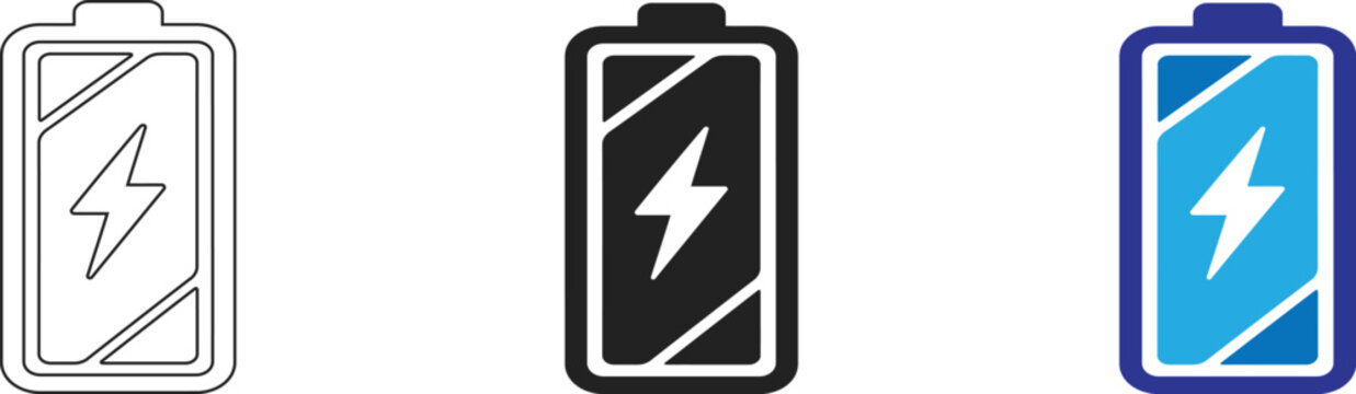 A series of three distinct battery charging icons displaying different visual styles including a simple outline version and a solid colored design for digital interfaces