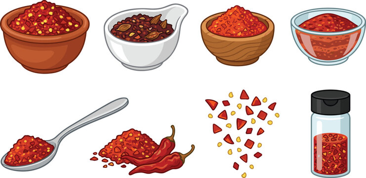 Crushed Red Chili Pepper Spices Vector Illustration Set with Bowls Spoon Flakes Shaker Jar and Dried Pod Elements for Culinary Designs