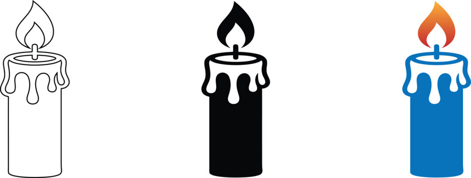A set of three stylized candle icons featuring different visual styles including a simple line art drawing a solid black silhouette and a modern vibrant blue design icon, isolated on a Transparent bac