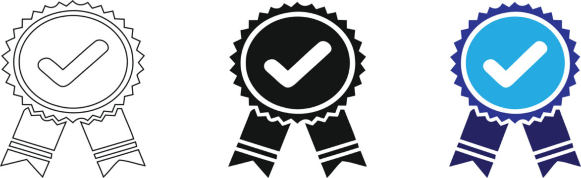 A set of three distinct certified badge icons featuring a classic serrated edge design with a prominent checkmark symbol representing approval quality verification and success