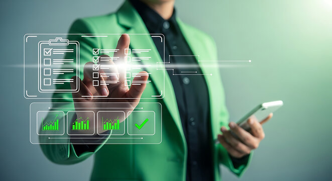 Business professional touching digital interface icons