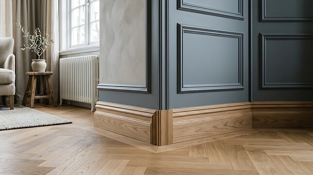 Close up of wooden baseboard corner in a stylish home interior