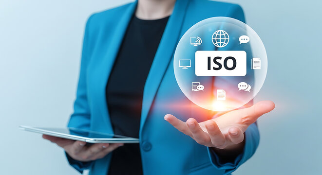 Businesswoman holding holographic iso 9001 certification icon