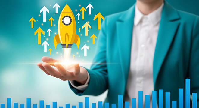 Business professional holding glowing success icons