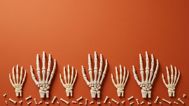 Multiple 3 d skeleton hands arranged in a row on an orange background