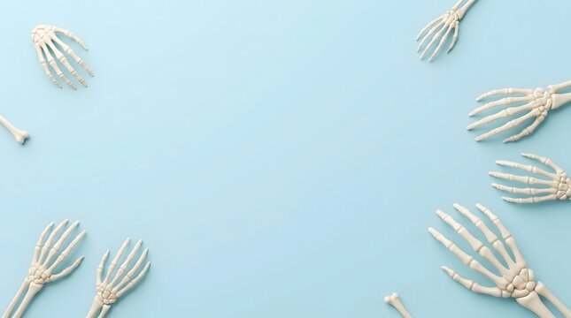 Multiple plastic skeleton hands arranged on a light blue background