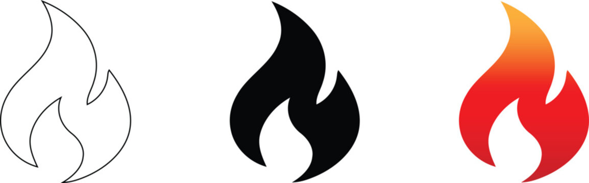 A collection of three unique fire flame icon variations displaying a linear outline style a solid black silhouette design and a vibrant gradient colored vector graphic