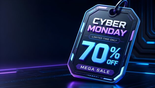 Cyber Monday Digital Sale Tag with Glowing Discount Label for Online Shopping Promotion