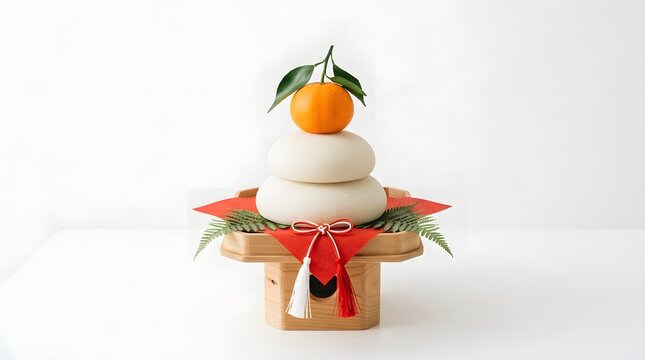 Traditional japanese kagami mochi decoration used as a festive centerpiece for celebrating the new year s day holiday season