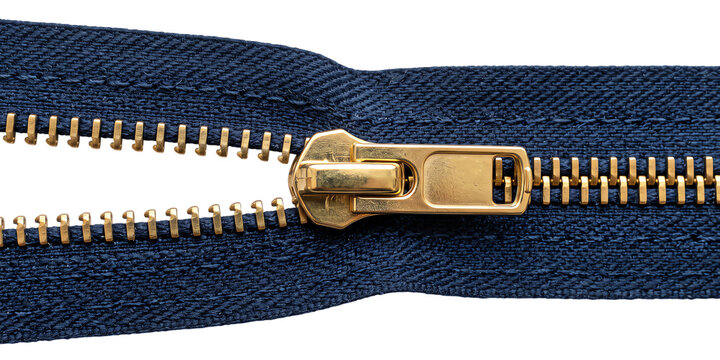 Close up of a golden zipper partially open on dark blue denim isolated on transparent background