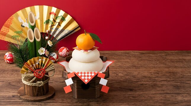 Traditional japanese kagami mochi decoration for celebrating new year s day on a wooden table surface