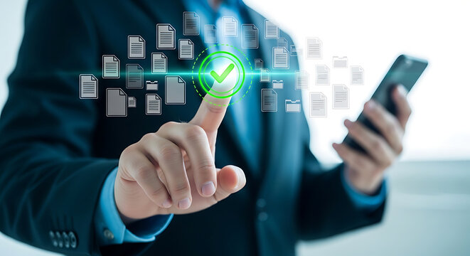 Hand touching digital interface on smartphone screen