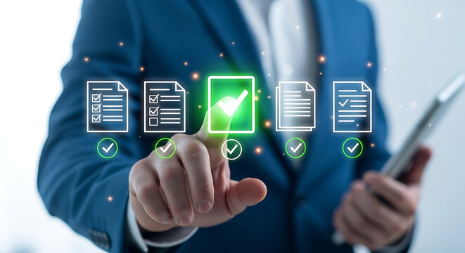 Business professional selecting app icons on tablet screen
