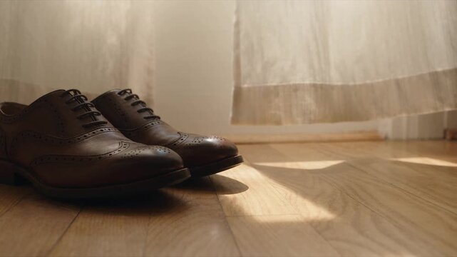Pair of brown leather dress shoes on wooden floor in sunlight