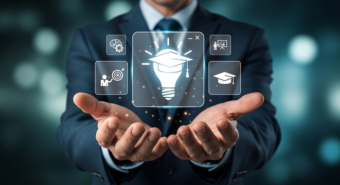 Businessman holding digital globe with futuristic interface