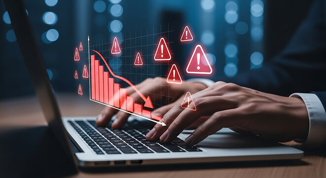 Hands typing on laptop with declining financial graph and warnings