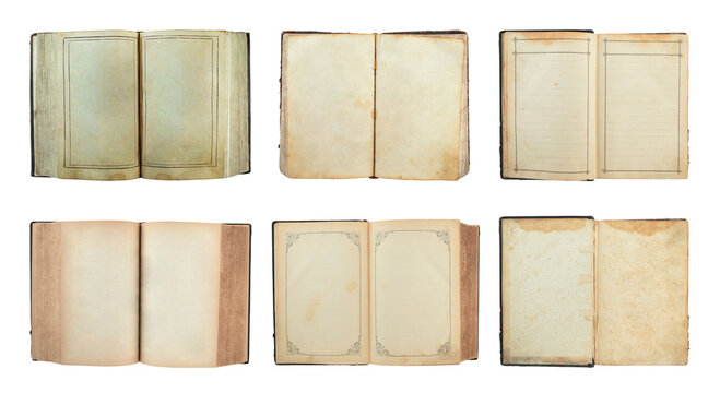 Set of open ancient books viewed from the page side, with blank empty pages, isolated on transparent background. Vintage book collection for literature, education, history, publishing and copy space