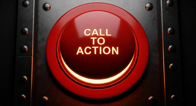 Call to Action button, red glossy start button on black metal background with rivets, web interface element, marketing concept, clean copy space below, dark industrial texture