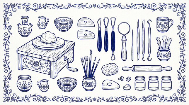 pottery workshop collection with clay, ceramic vessels and sculpting tools. Vintage artisan elements for ceramic studios, makers and traditional craft des