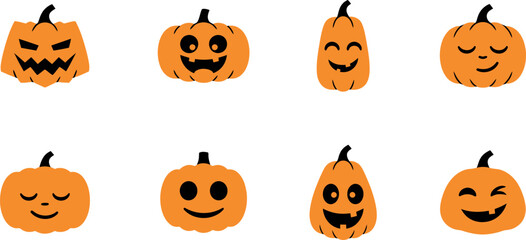 Obraz premium Set of eight cute hand drawn halloween pumpkin jack o lantern stickers with various funny facial expressions