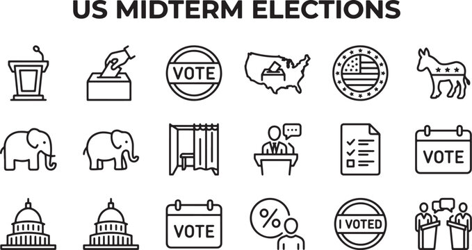 US midterm election icons set featuring voting symbols and political campaign elements in a clean line art style