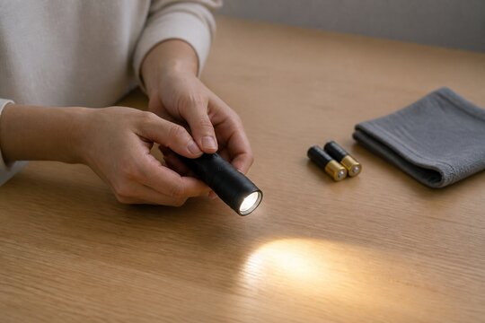 防災に備えて懐中電灯を点検する日本人女性の手元
